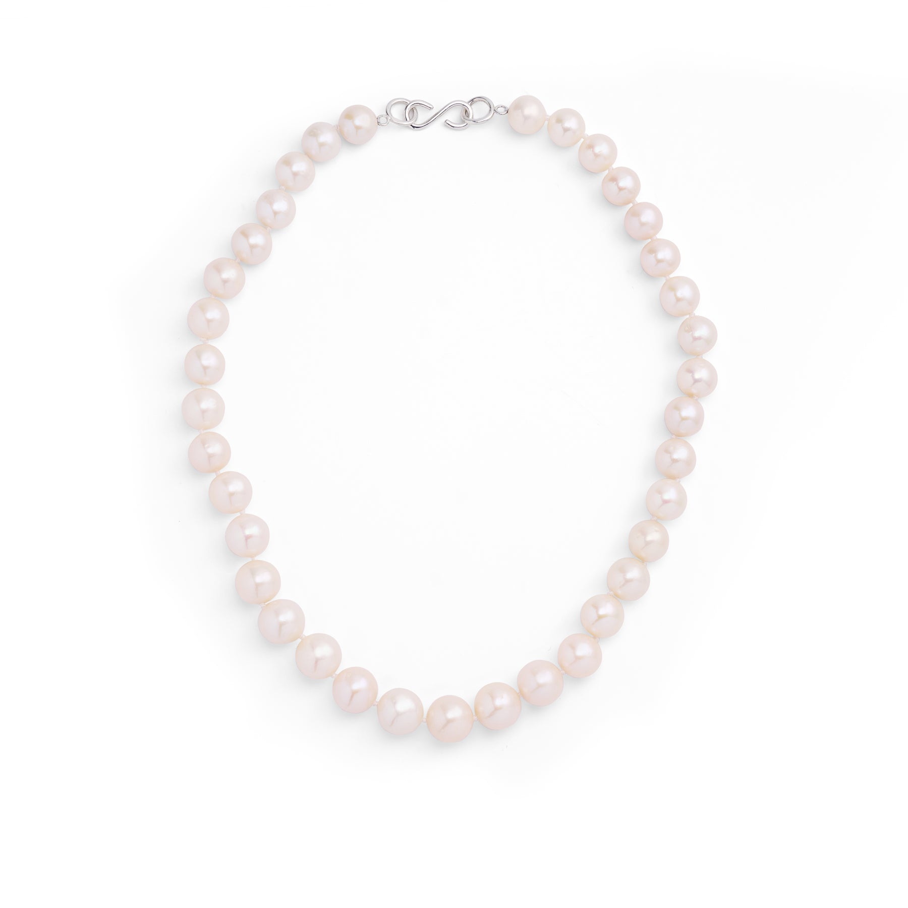 A necklace composed of round freshwater pearls and fine sterling silver.