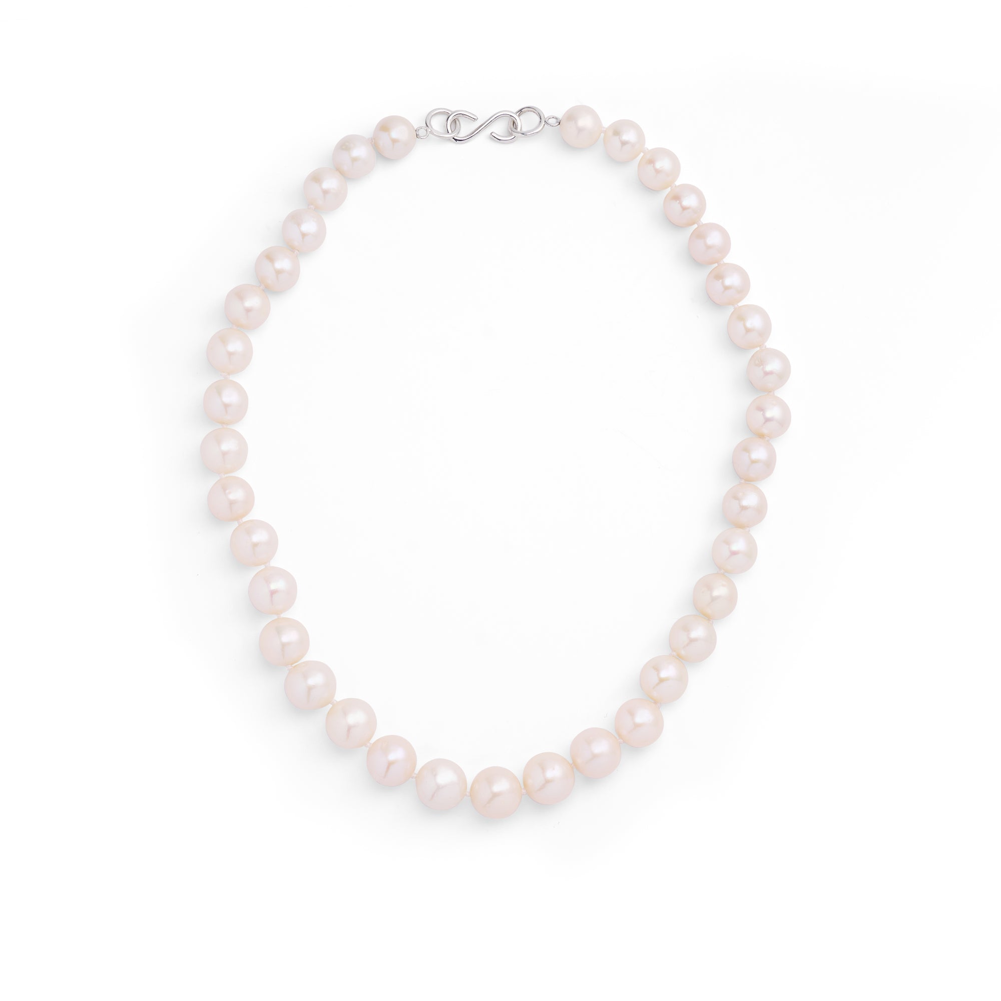 A necklace composed of round freshwater pearls and fine sterling silver.