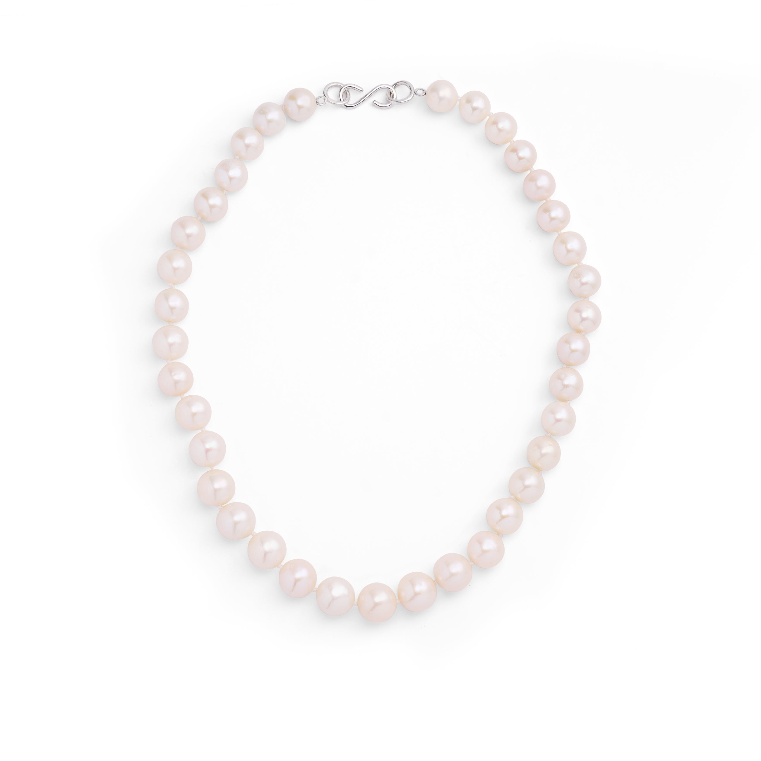 A necklace composed of round freshwater pearls and fine sterling silver.