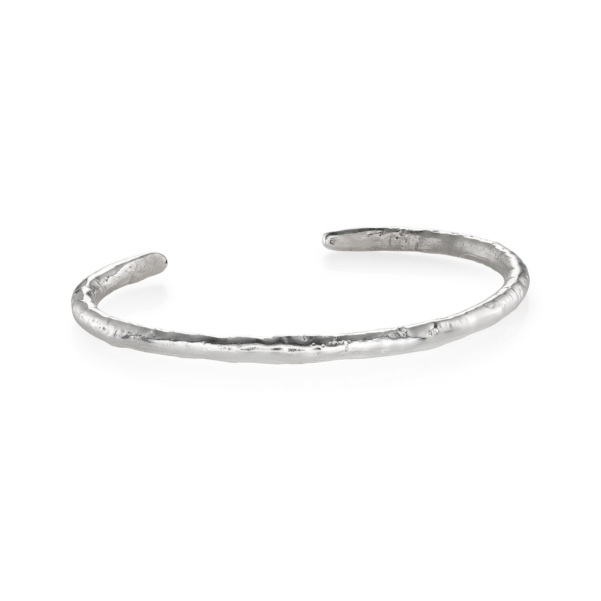 Silver cuff bracelet on a white background