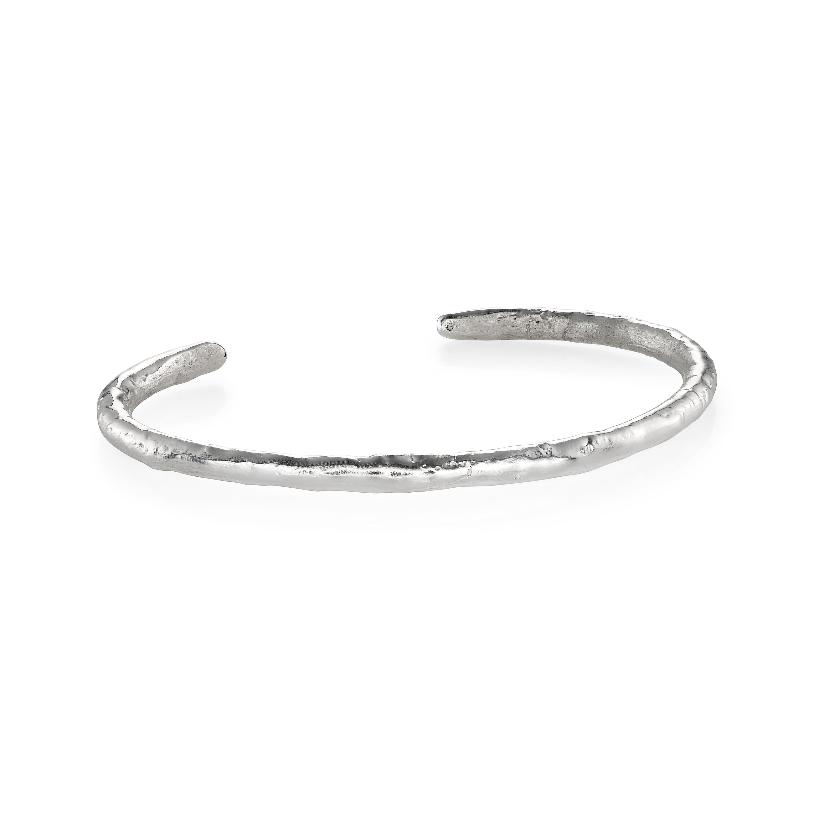Silver cuff bracelet on a white background