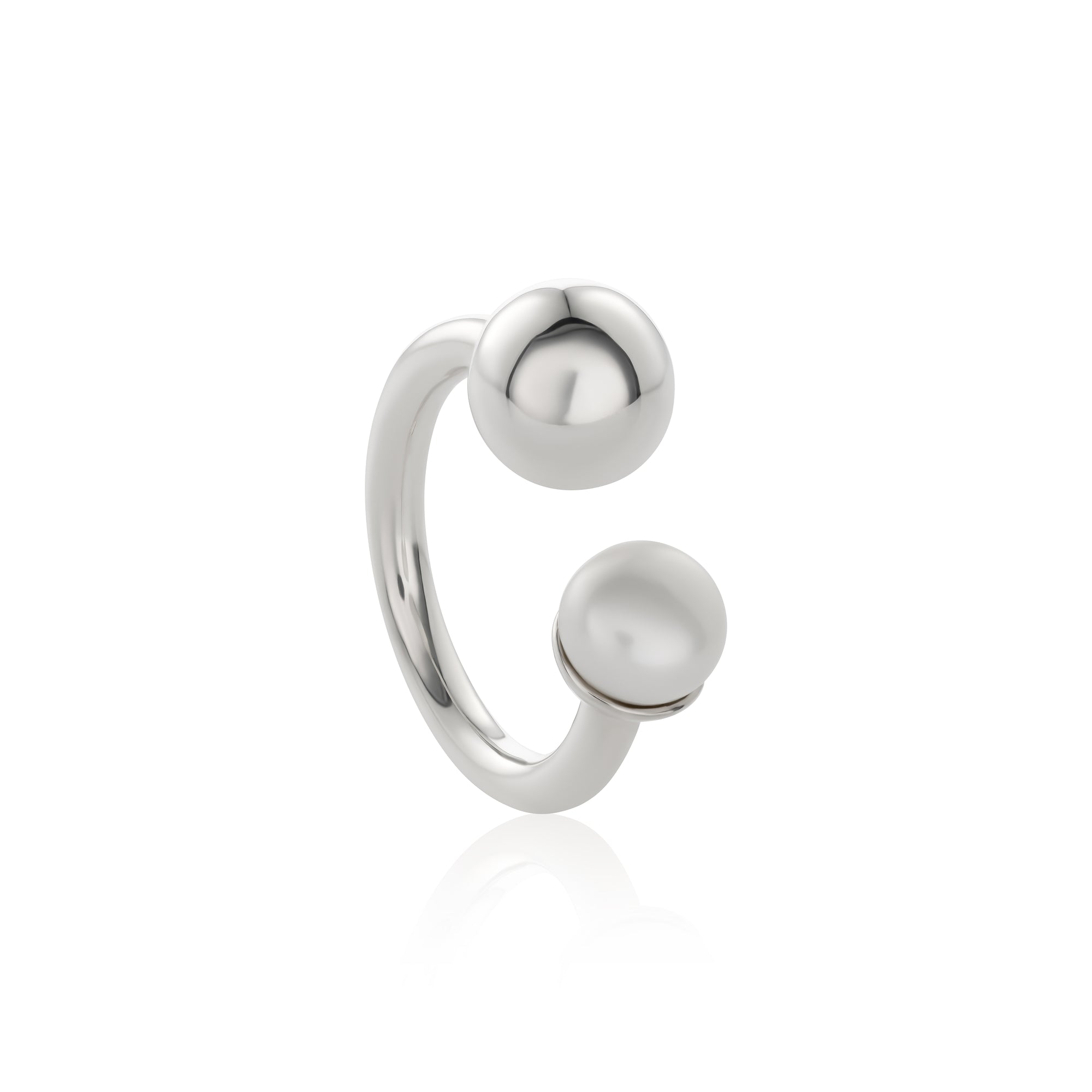 Open-band silver ring featuring asymmetrical ends with silver sphere and freshwater pearl. 