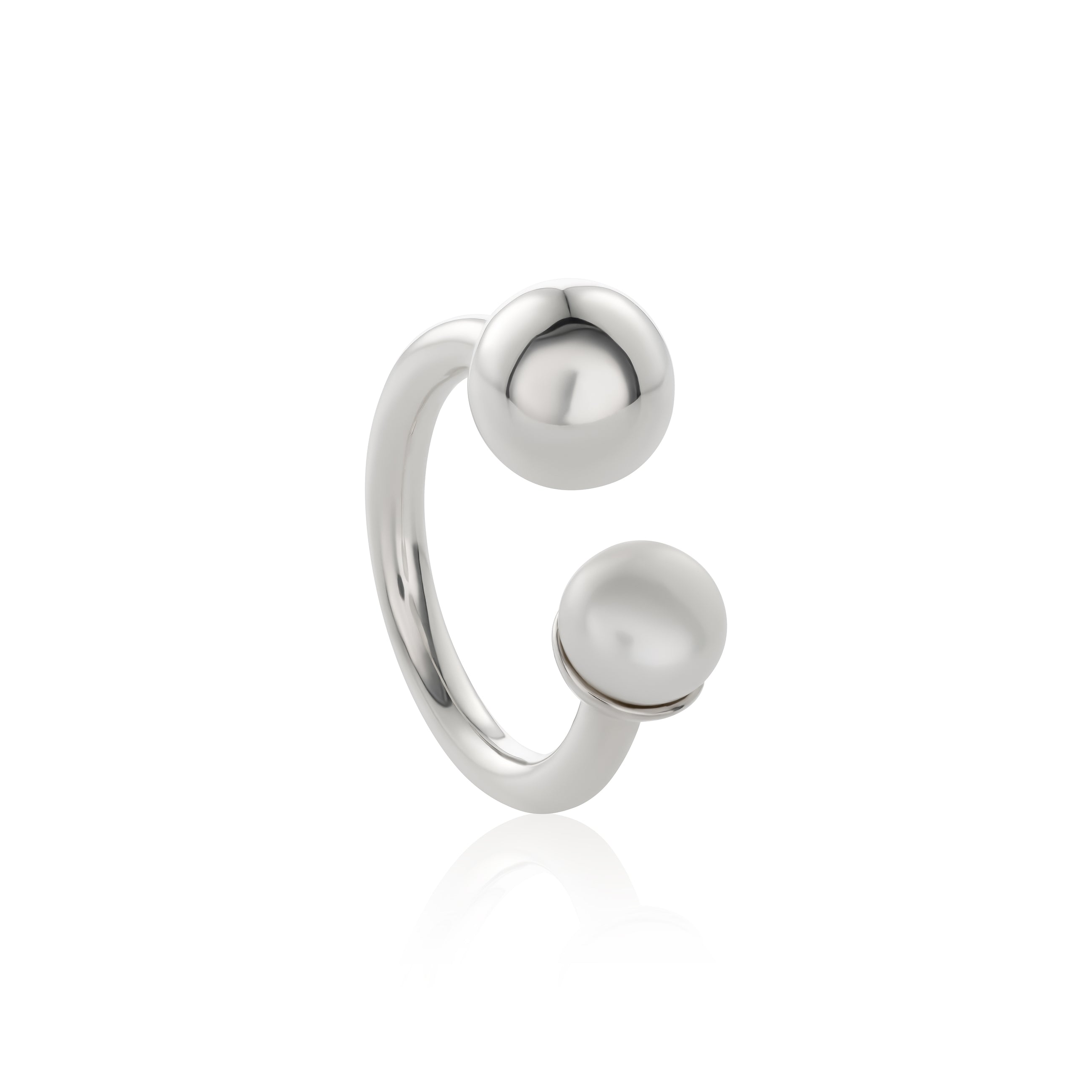 Open-band silver ring featuring asymmetrical ends with silver sphere and freshwater pearl. 