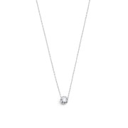 White gold pendant featuring a round brilliant-cut diamond, suspended from a delicate gold chain. 