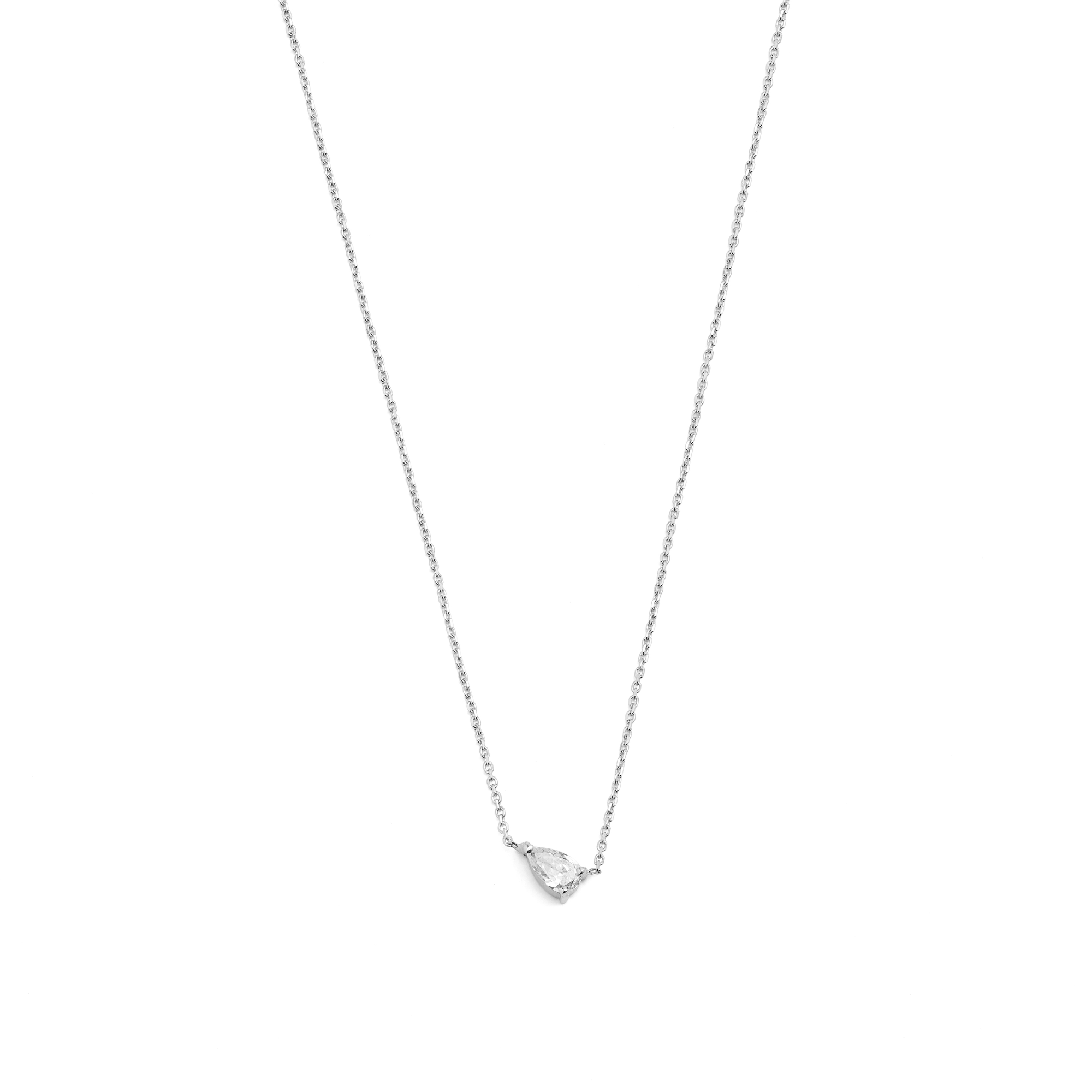 A 14k white gold necklace with a pear-shaped diamond centerpiece, on a white background.