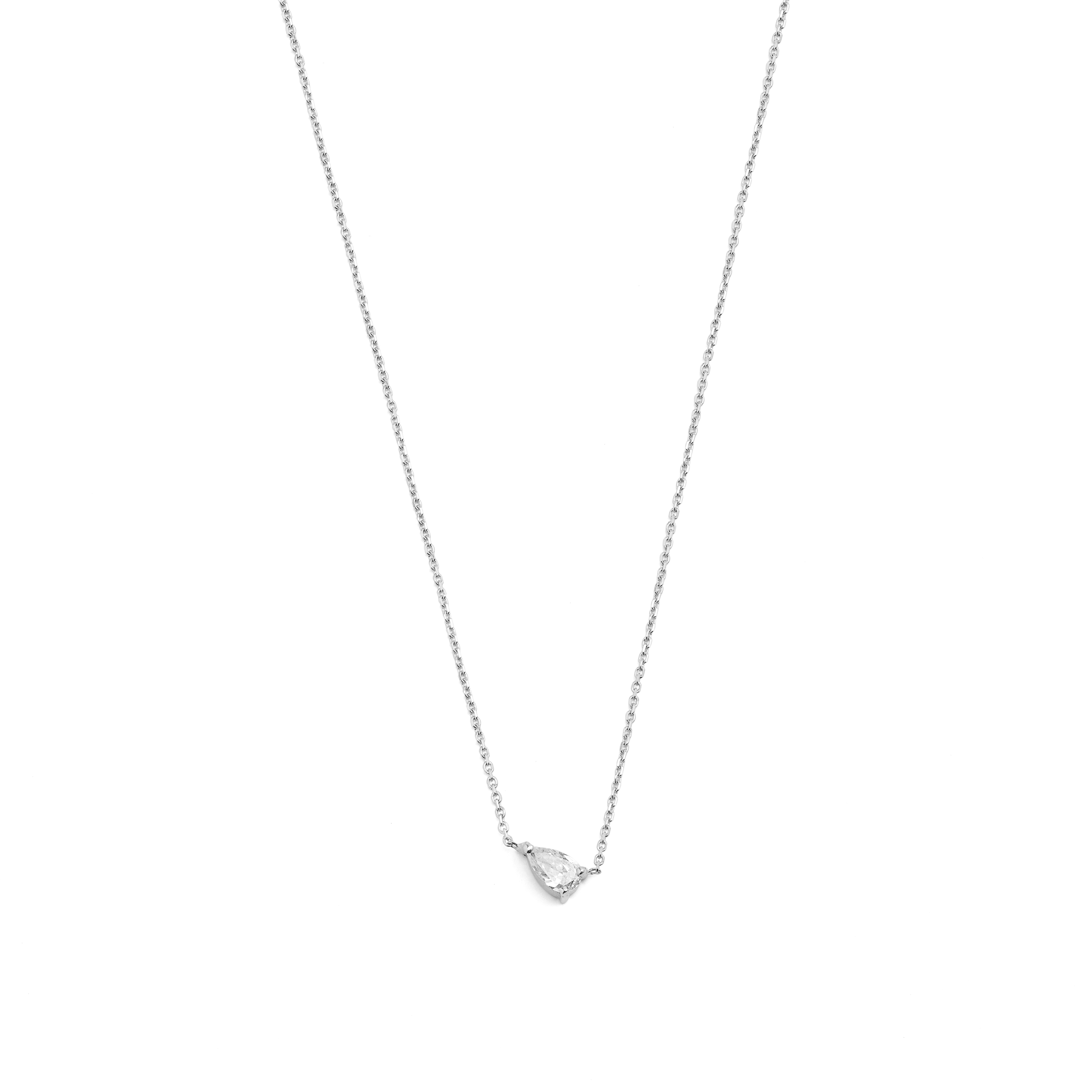 A 14k white gold necklace with a pear-shaped diamond centerpiece, on a white background.