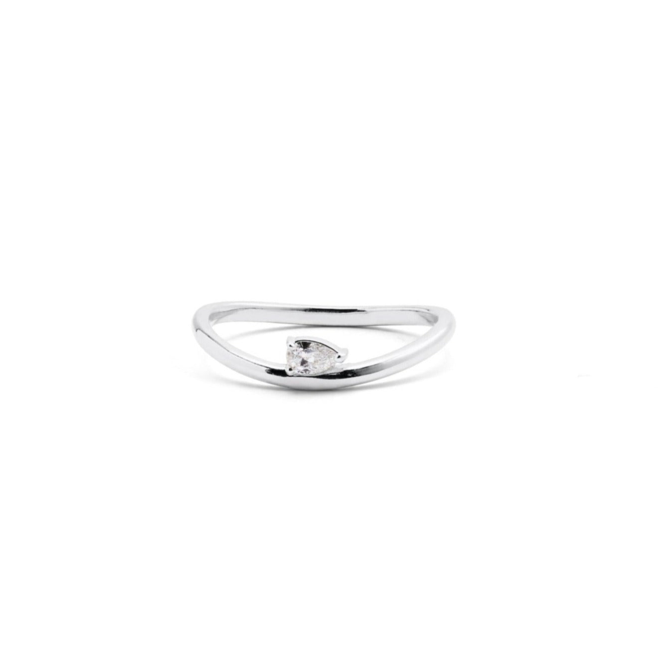 A 14k white gold ring featuring a pear-shaped diamond centered on the top, with a white background.