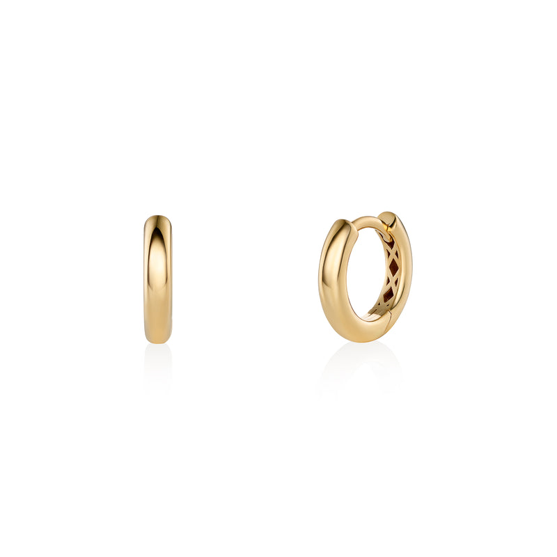 Yellow gold hoop earrings on a white background