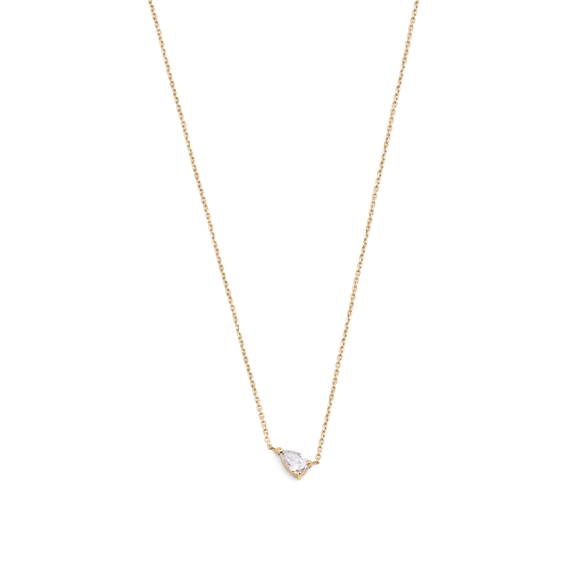 A 14k yellow gold necklace with a pear-shaped diamond centerpiece, on a white background.