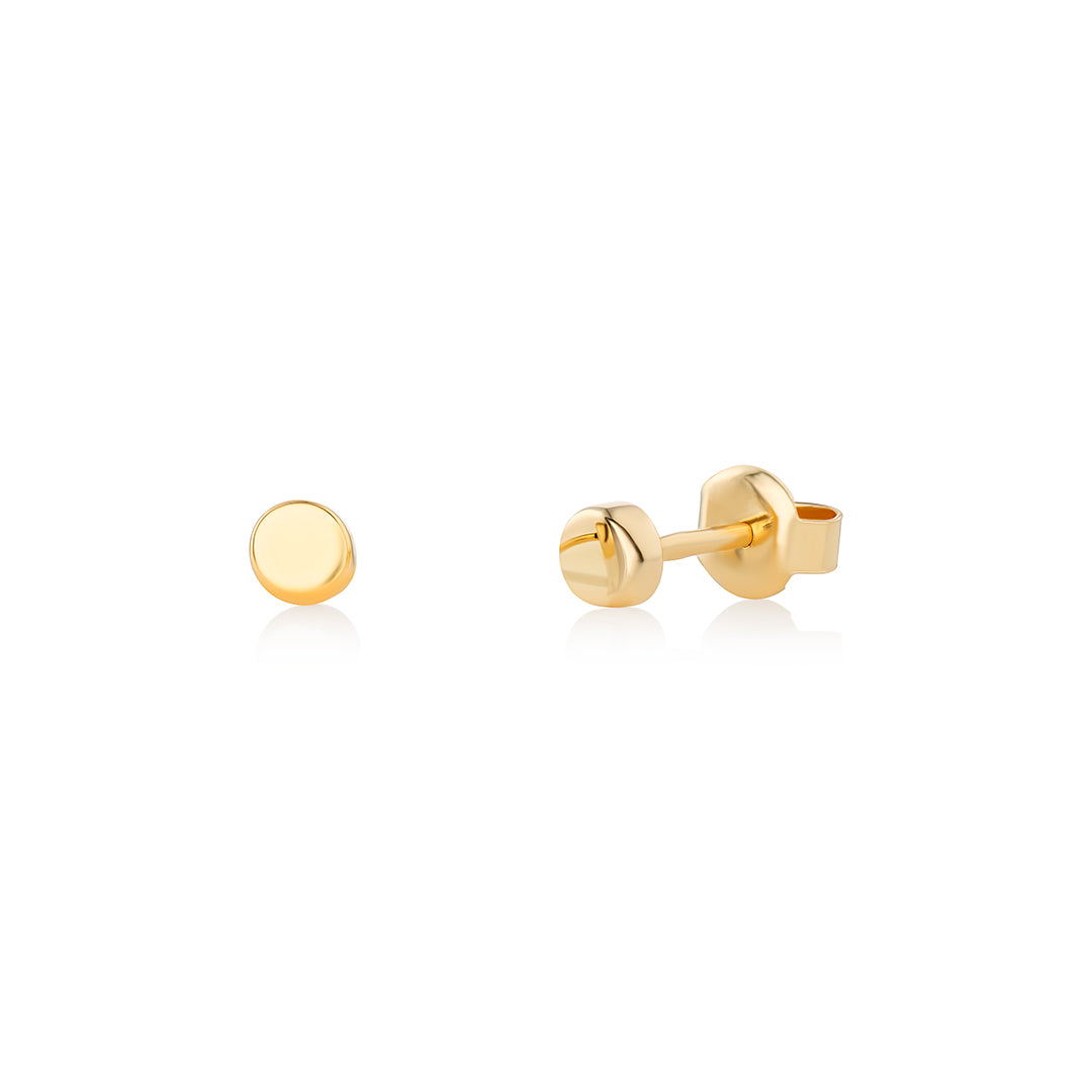 A pair of 14k yellow gold rounded stud earrings, showing the front and back of the earrings against a white background.