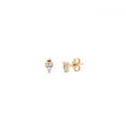 A pair of yellow gold stud earrings with pear-shaped diamonds, displayed against a white background.
