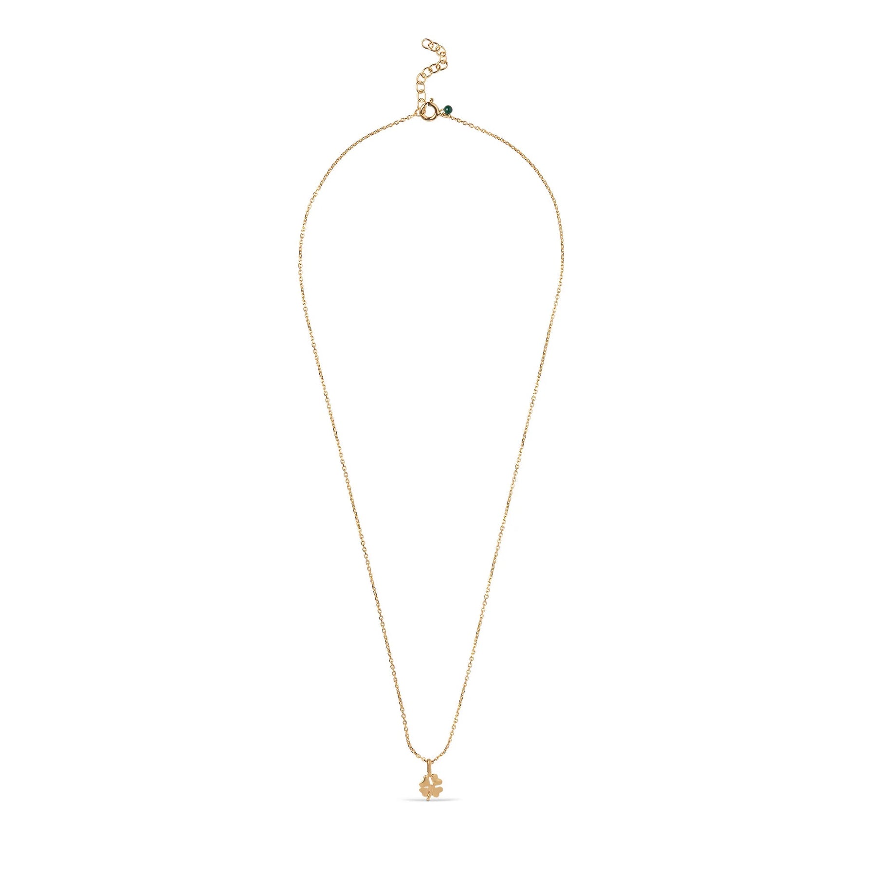 Gold necklace with a small pendant on a white background