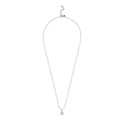 Silver necklace with a small pendant on a white background