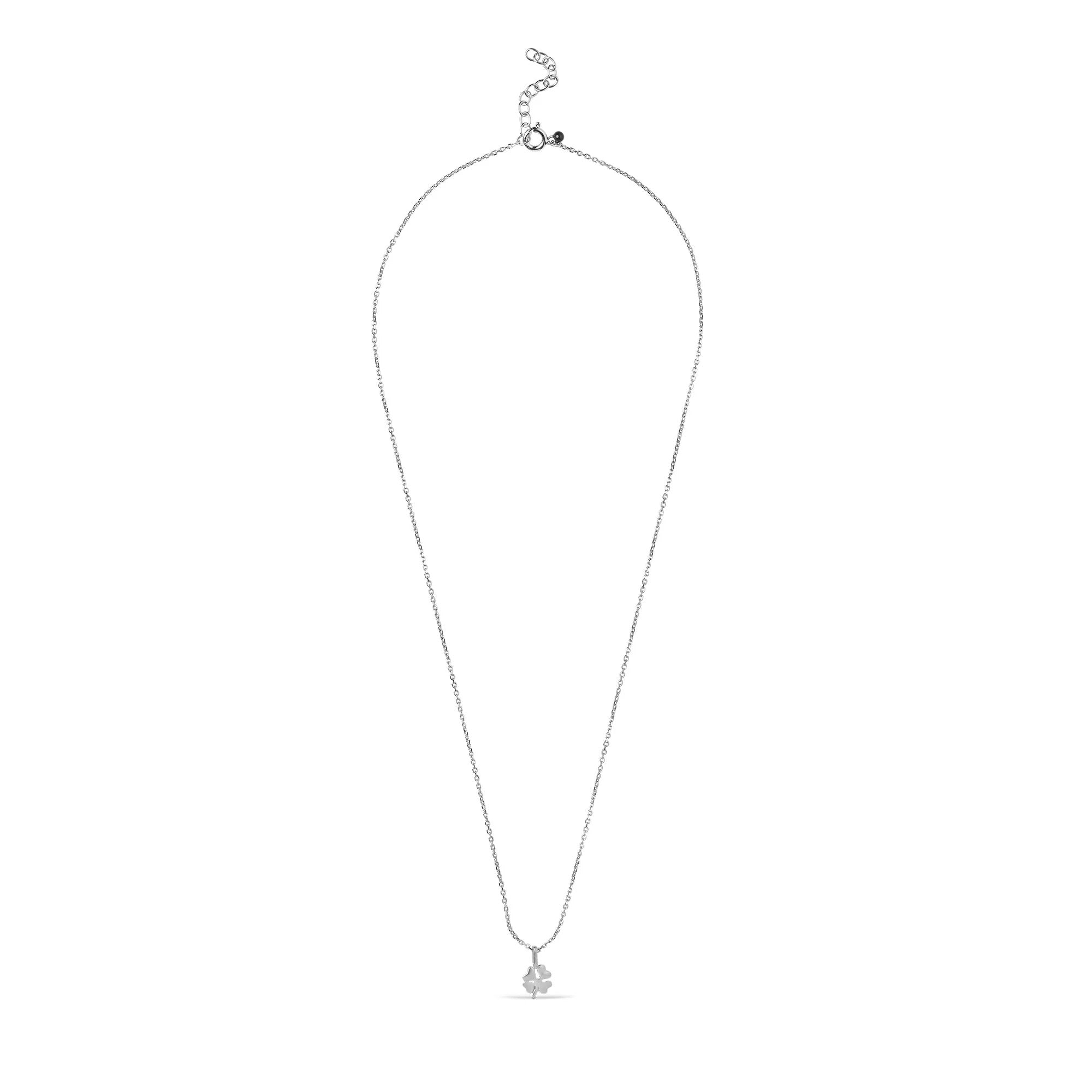 Silver necklace with a small pendant on a white background