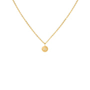 Gold necklace with a round pendant on a white background