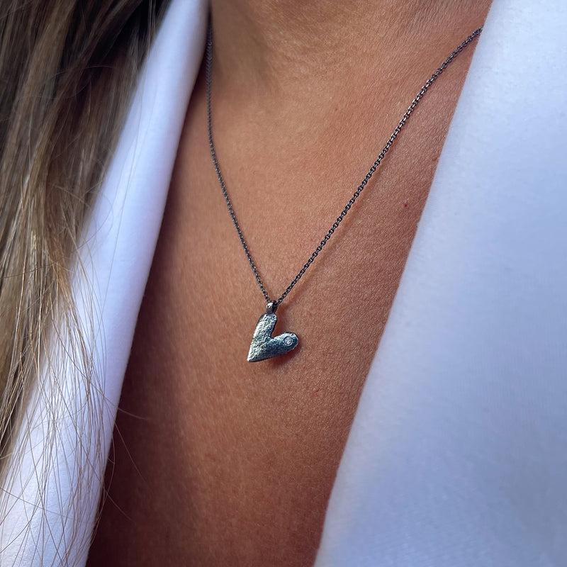 Oxidised Silver Necklace with Diamond "Heart"