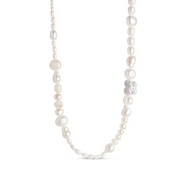 A gold-plated silver necklace featuring a variety of pearl beads and enamel details.