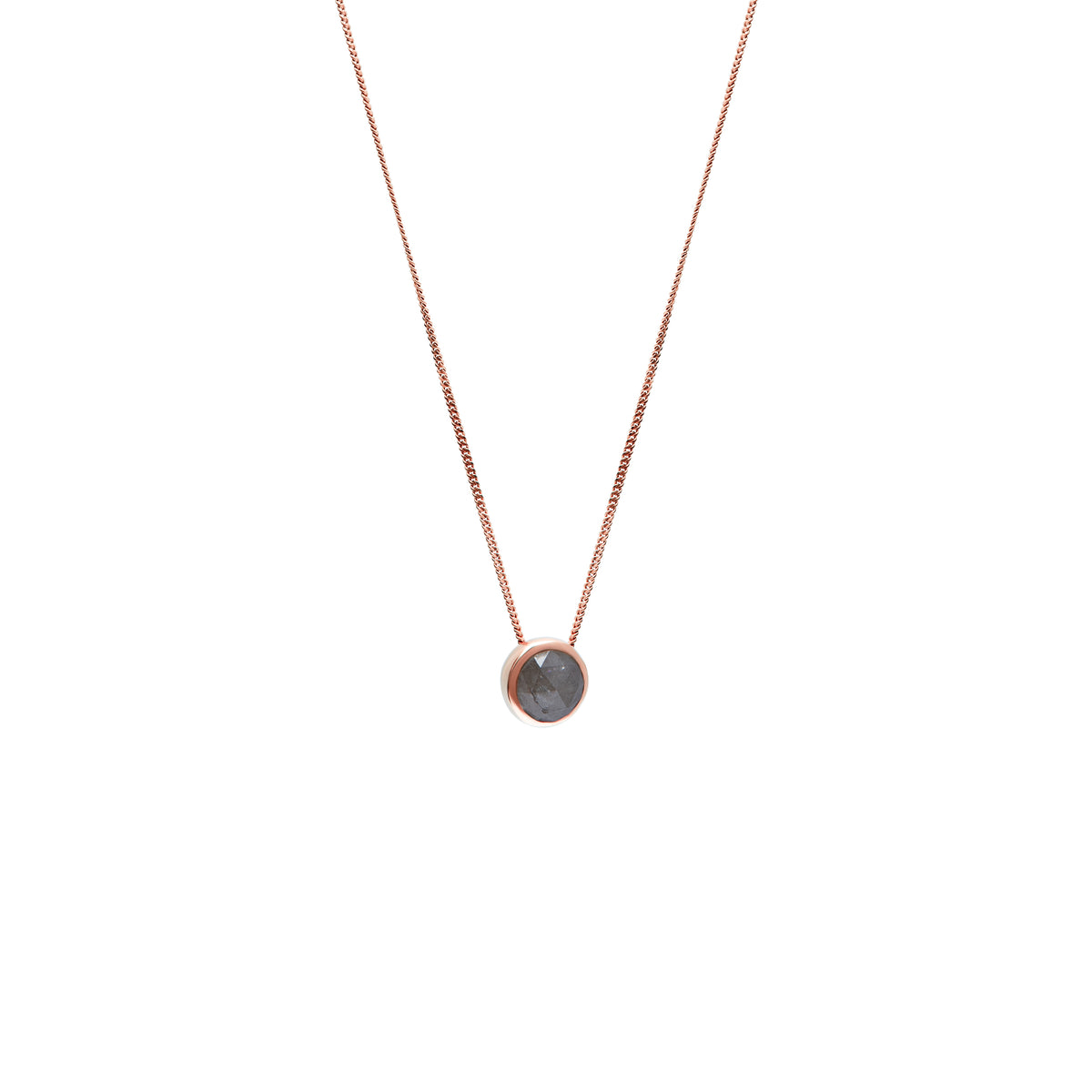 A delicate gold chain necklace with a small bezel-set rose-cut grey diamond pendant, shown against a plain white background.