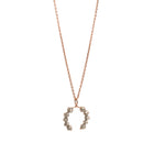 Rose gold necklace with a faceted grey diamonds pendant on a white background.