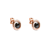 A pair of rose gold stud earrings with a central faceted black diamond, set against a plain white background.