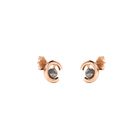 A pair of gold crescent-shaped stud earrings with round grey diamonds, shown on a plain white background.
