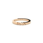 A rose gold ring with the word 'Mama' displayed against a white background.
