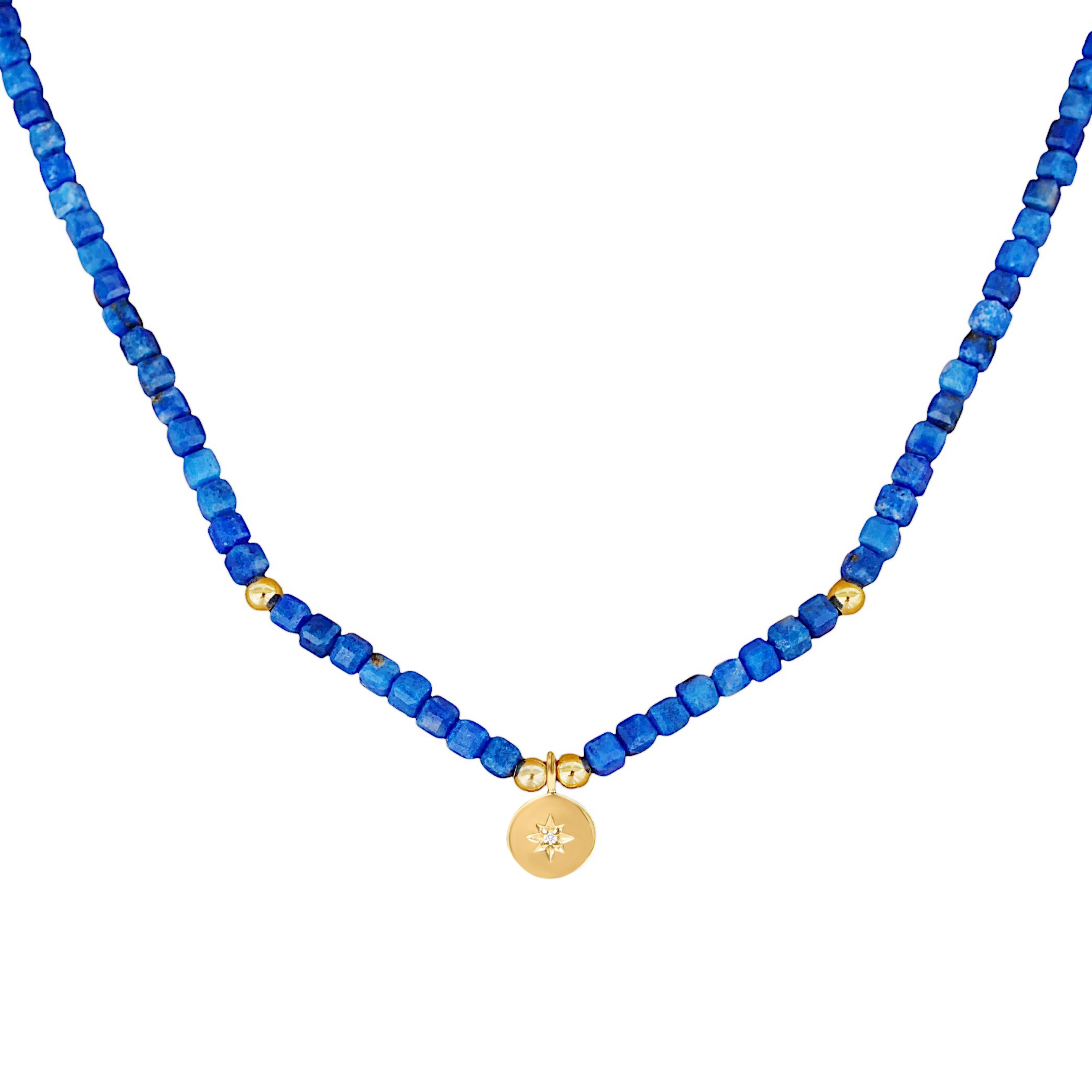 Gold Plated Silver Necklace with Lapis Lazuli and Diamond "North Star"