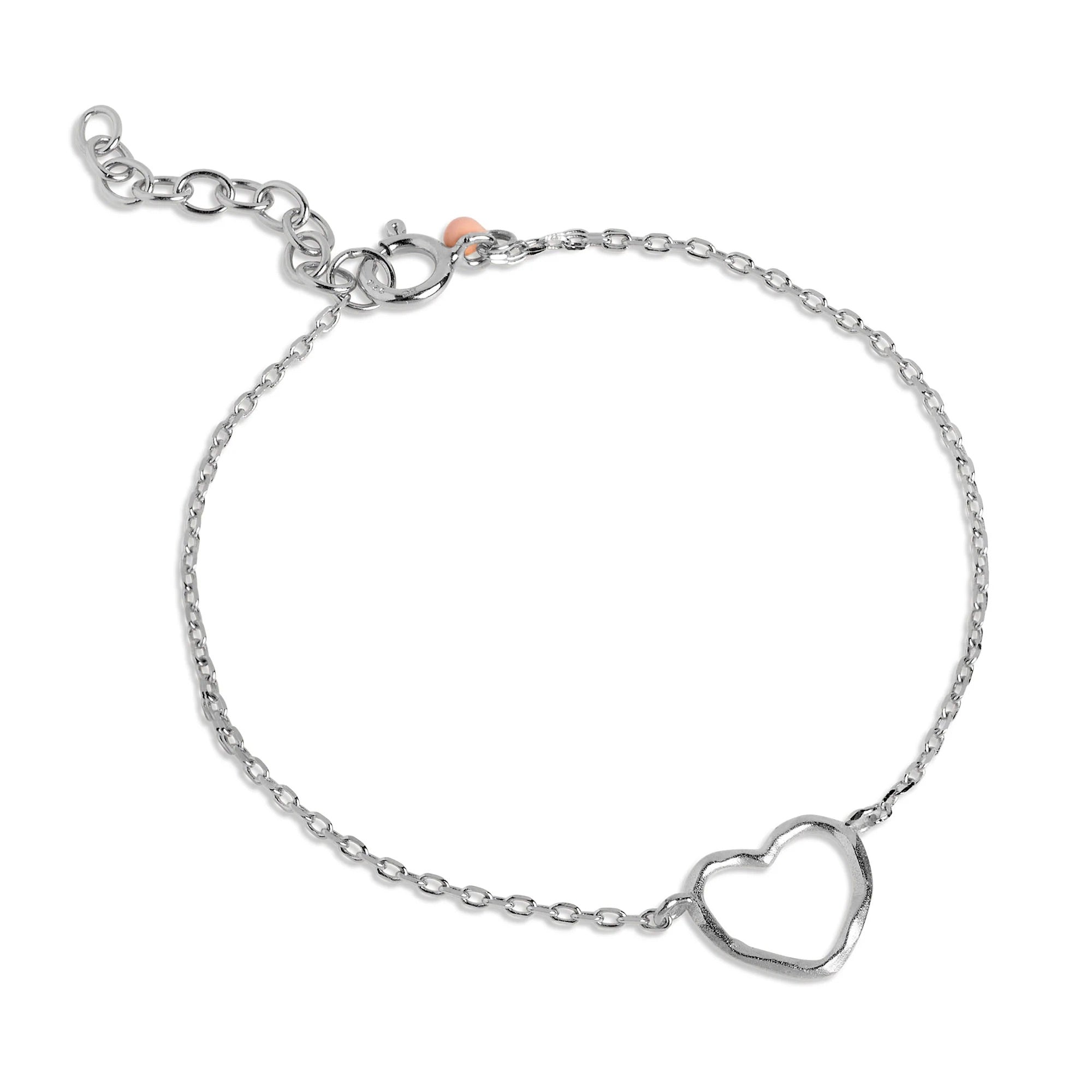 Silver bracelet with a heart-shaped pendant on a white background