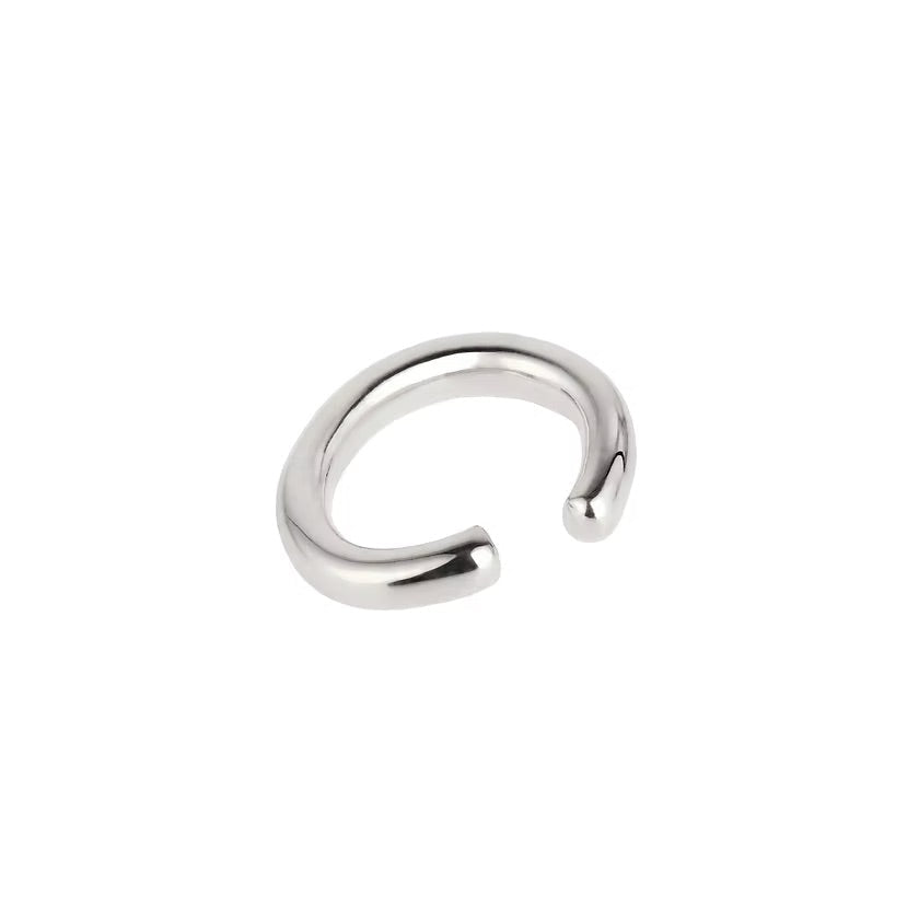 A polished silver-toned metal open-ended ring ear cuff, shown on a plain white background.