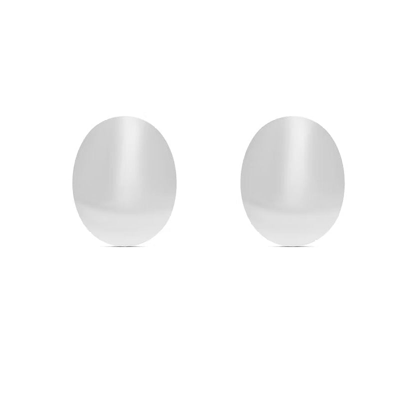 A pair of oval stud earrings with a polished, reflective silver finish, shown against a plain white background.