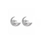 A pair of silver textured, twisted silver hoop earrings, shown against a plain white background.