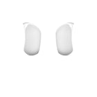 A pair of glossy white crescent-shaped hoop earrings with silver post backs, shown against a solid white background.