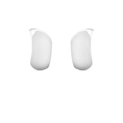 A pair of glossy white crescent-shaped hoop earrings with silver post backs, shown against a solid white background.