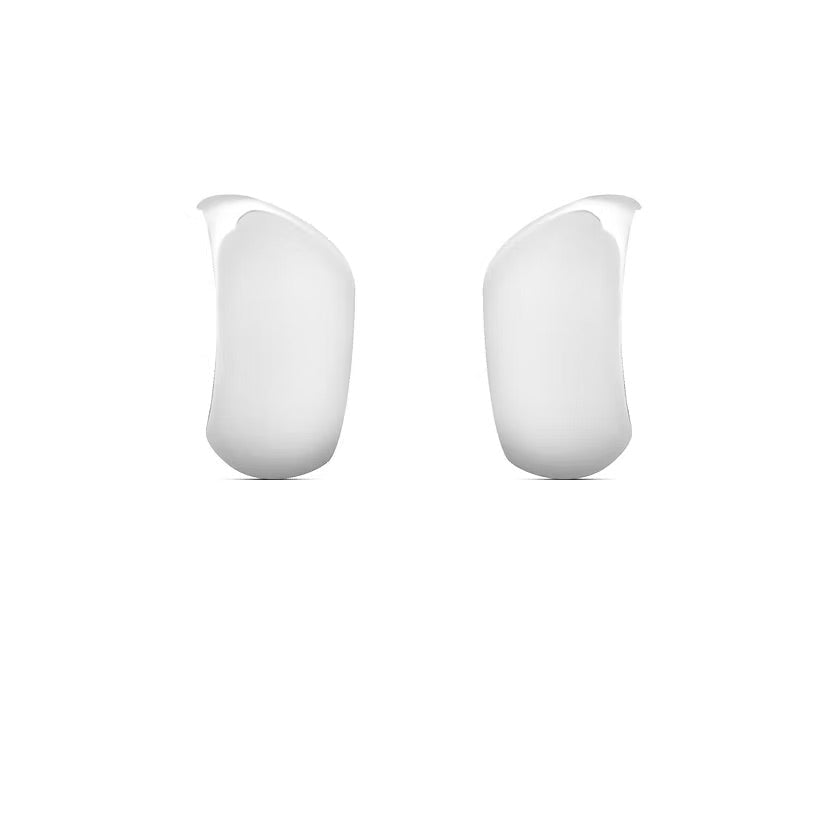 A pair of glossy white crescent-shaped hoop earrings with silver post backs, shown against a solid white background.