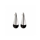A pair of modern geometric dangle earrings with a polished silver top section and a smooth black circular base, shown against a plain white background.