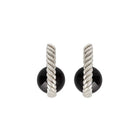 A pair of silver twisted cable post earrings with round black amber stones at the base, shown against a plain white background.