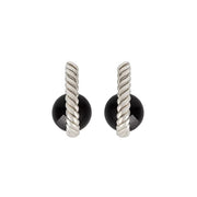 A pair of silver twisted cable post earrings with round black amber stones at the base, shown against a plain white background.