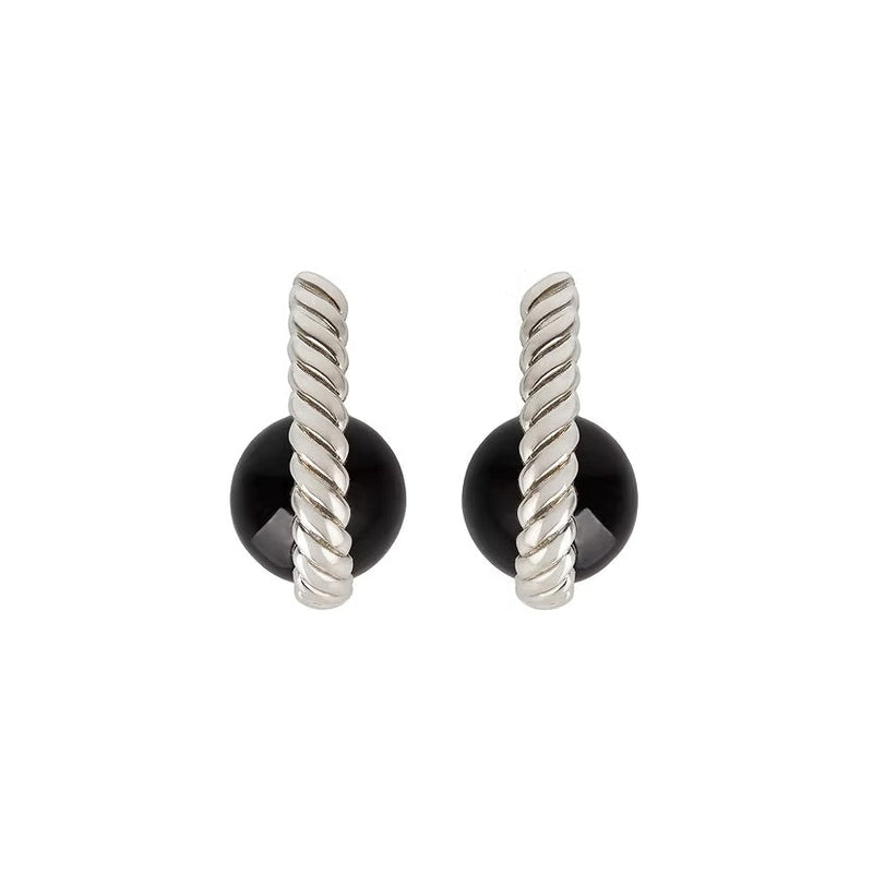 A pair of silver twisted cable post earrings with round black amber stones at the base, shown against a plain white background.