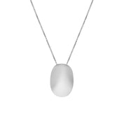 A minimalist silver oval pendant necklace on a delicate chain, presented against a solid white background.