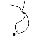 A black braided cord necklace with a silver spike pendant and a black amber spherical bead, shown on a plain white background.