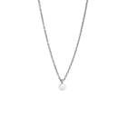 A delicate silver chain necklace with a single small white pearl pendant, shown against a plain white background.