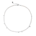 Freshwater pearl necklace with small silver-tone accents and a lobster clasp closure, shown on a plain white background.