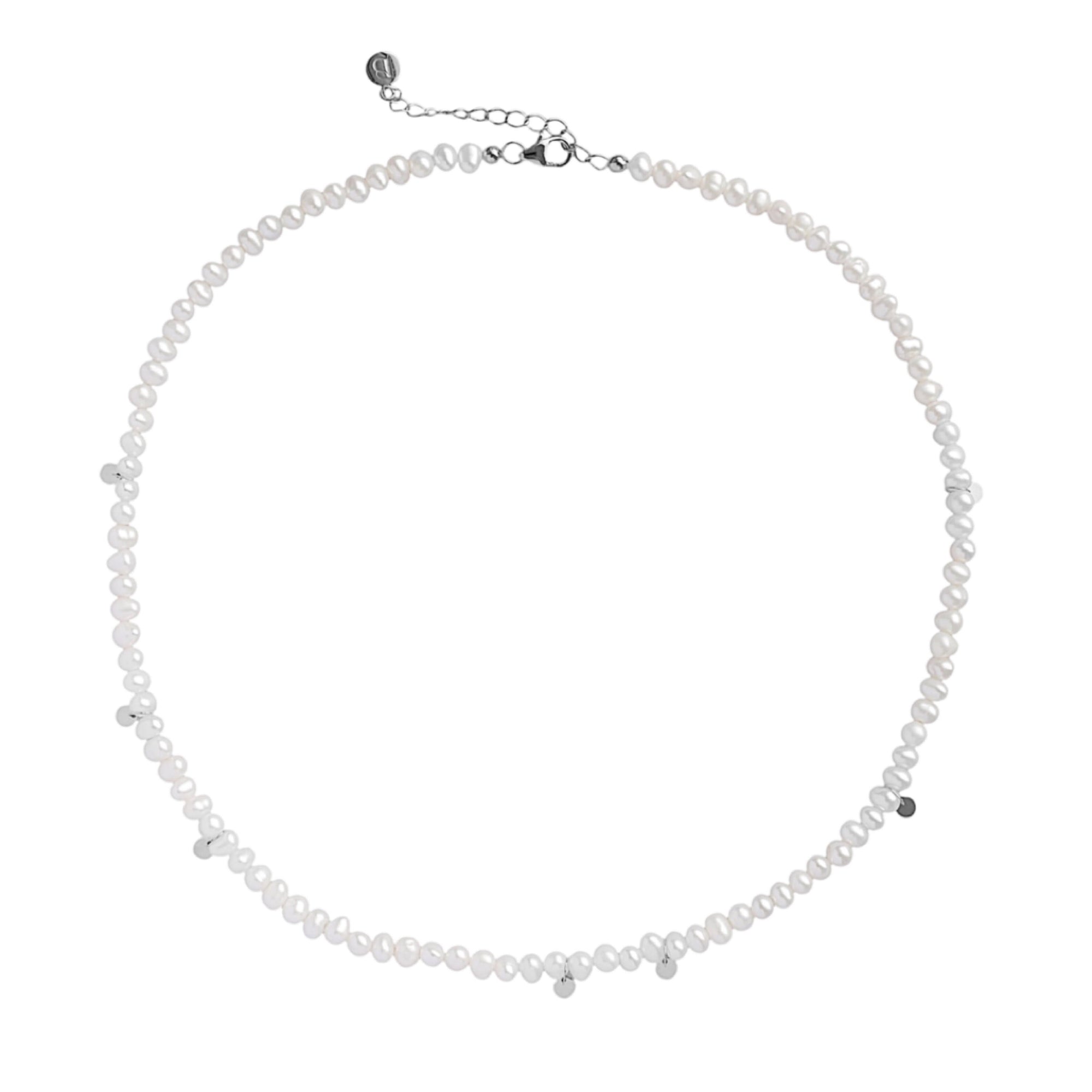 Freshwater pearl necklace with small silver-tone accents and a lobster clasp closure, shown on a plain white background.