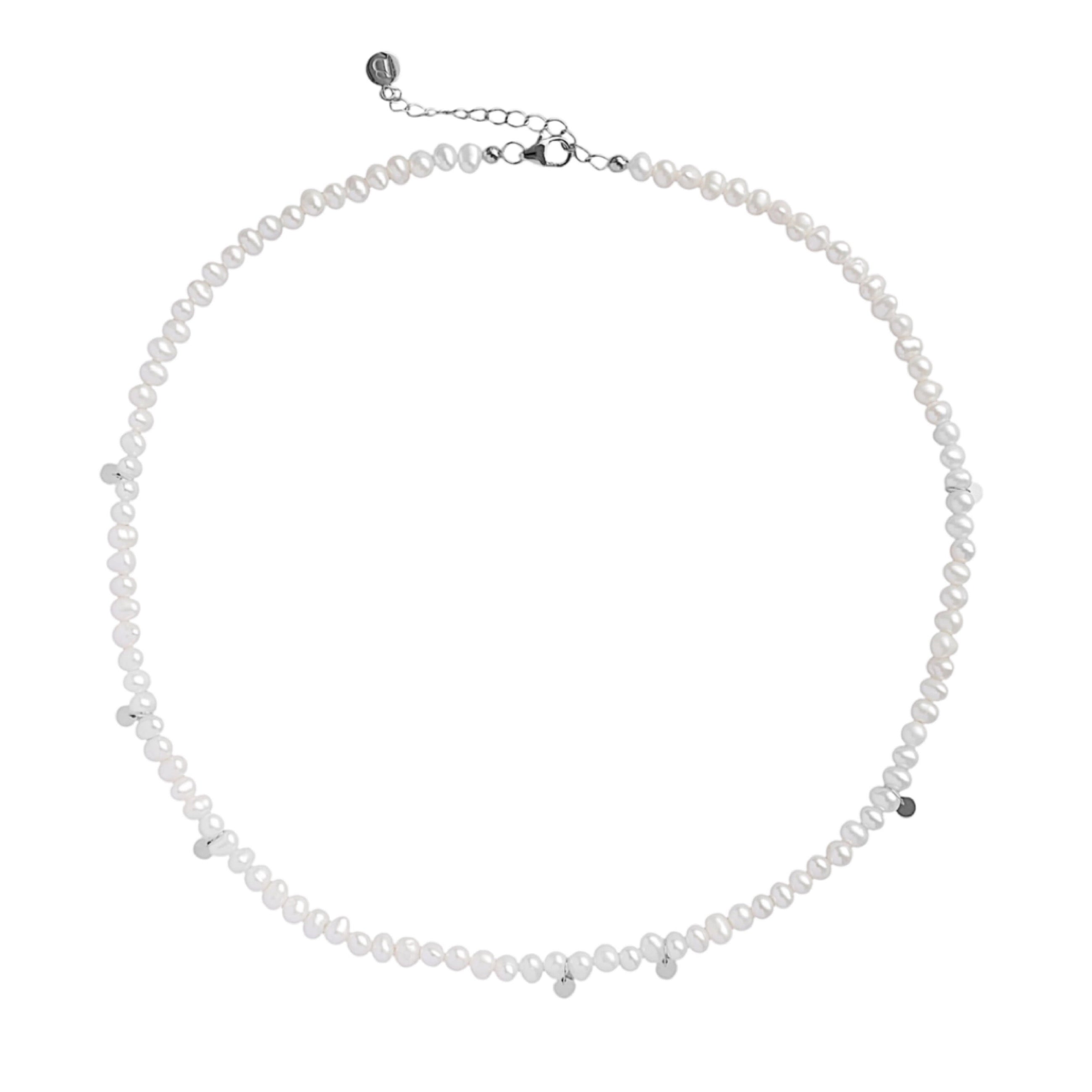 Freshwater pearl necklace with small silver-tone accents and a lobster clasp closure, shown on a plain white background.