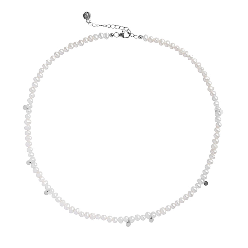 Freshwater pearl necklace with small silver-tone accents and a lobster clasp closure, shown on a plain white background.