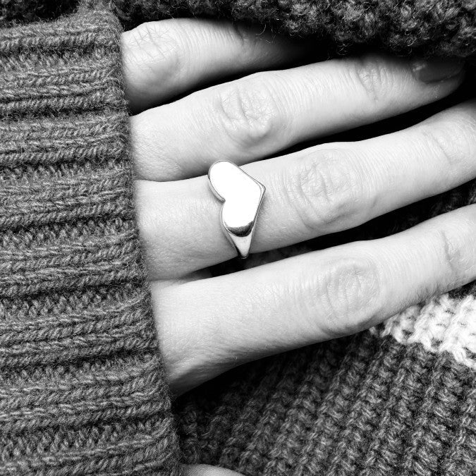 A close-up black and white photo of a hand wearing a polished silver ring shaped like a small heart, resting on a textured knit sweater.