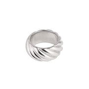 A silver twisted ring with a textured spiral design, shown on a solid white background.