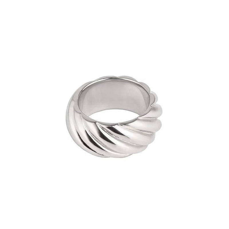 A silver twisted ring with a textured spiral design, shown on a solid white background.