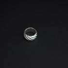 A silver twisted ring with a textured spiral design, shown on a solid black background.