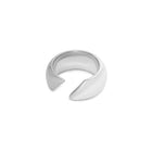 A minimalist silver ring with a unique split-band design, photographed on a seamless white background.